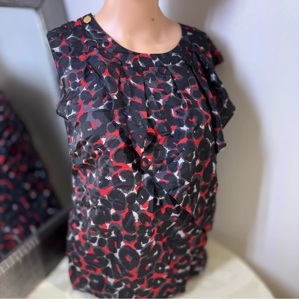 Michael Kors Black and Red Ruffled Cap Sleeve Blouse